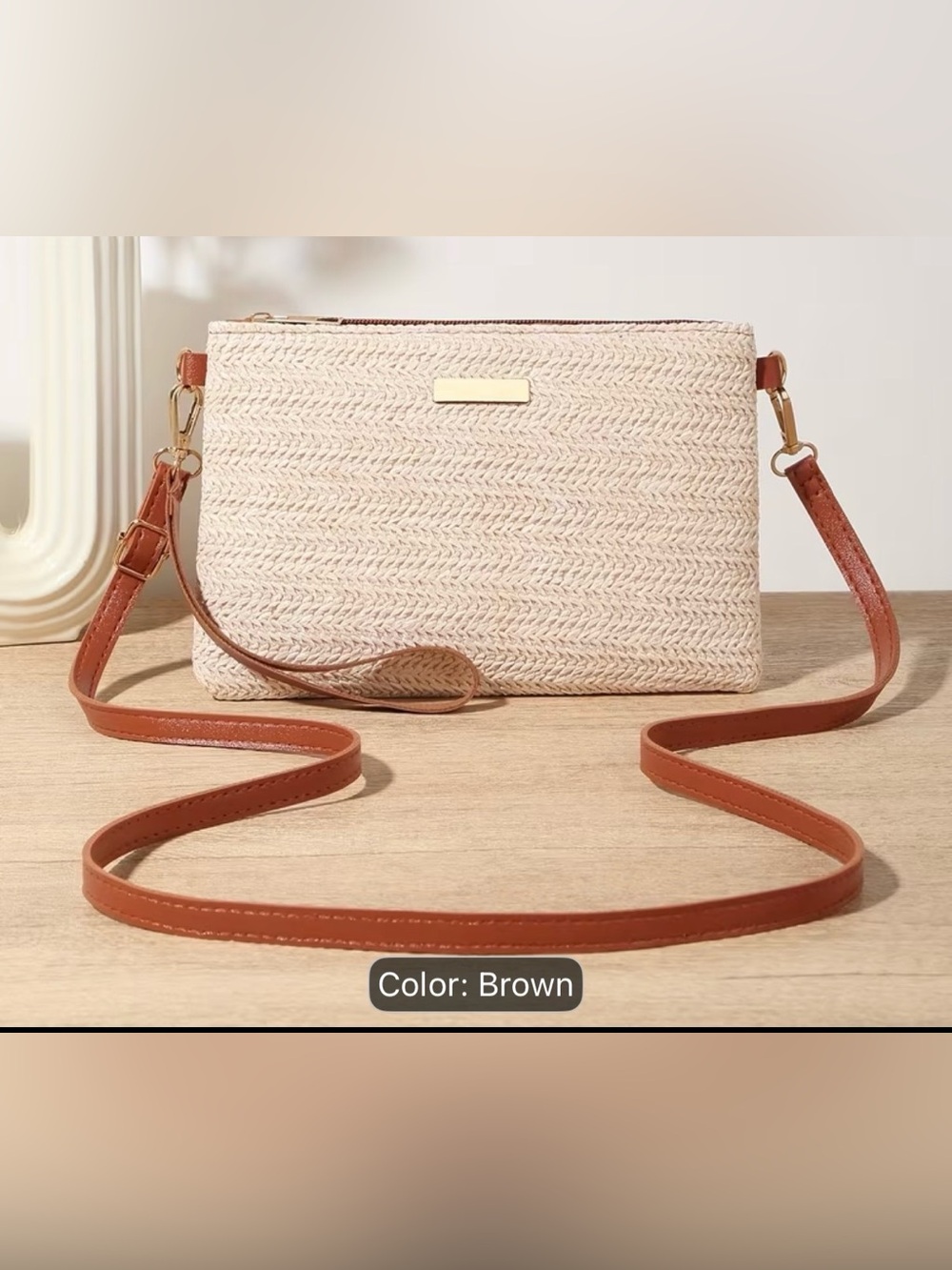 Woven Straw Crossbody Bag with Brown Strap